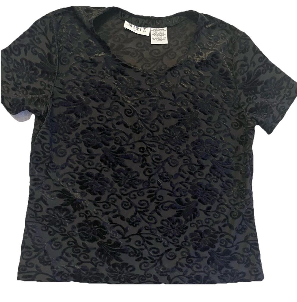 VTG Y2K Velvet Burnout Mixit Top Floral Black Fairy Whimsigoth Boho L XL